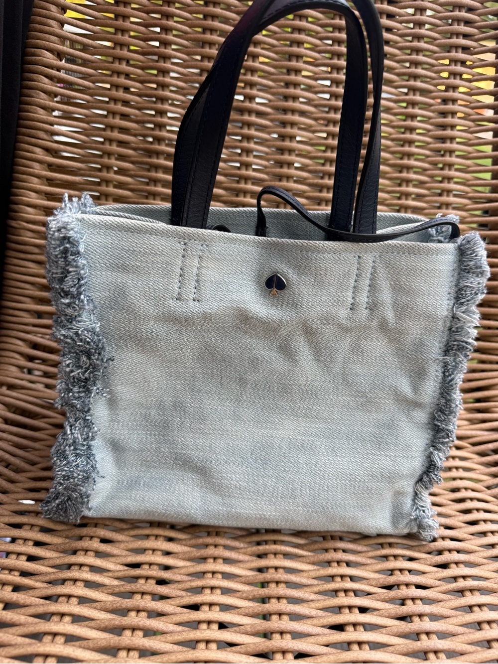 kate spade denim fringe canvas tote with navy leather handles